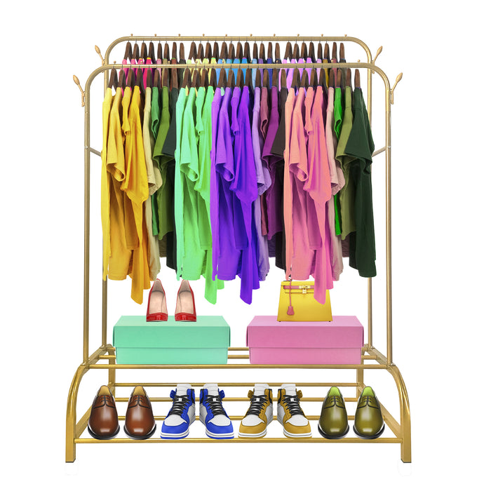 Appendiabiti Donkey Premium Maxi a 2 Stand Nyana Home 157x110x56cm, 2 ripiani sospesi, 4 ganci laterali, 2 ripiani inferiori Oro.