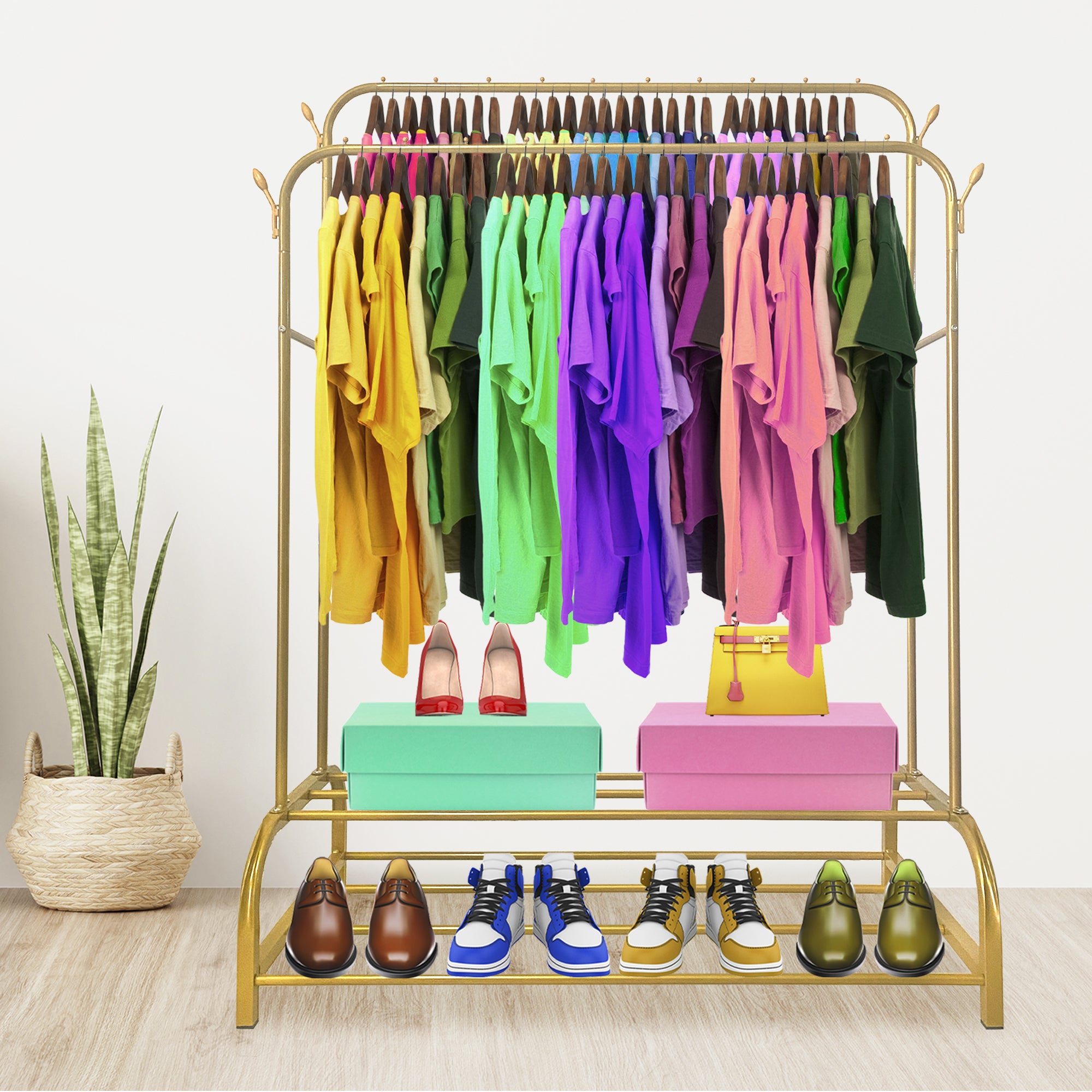 Appendiabiti Donkey Premium Maxi a 2 Stand Nyana Home 157x110x56cm, 2 ripiani sospesi, 4 ganci laterali, 2 ripiani inferiori Oro.