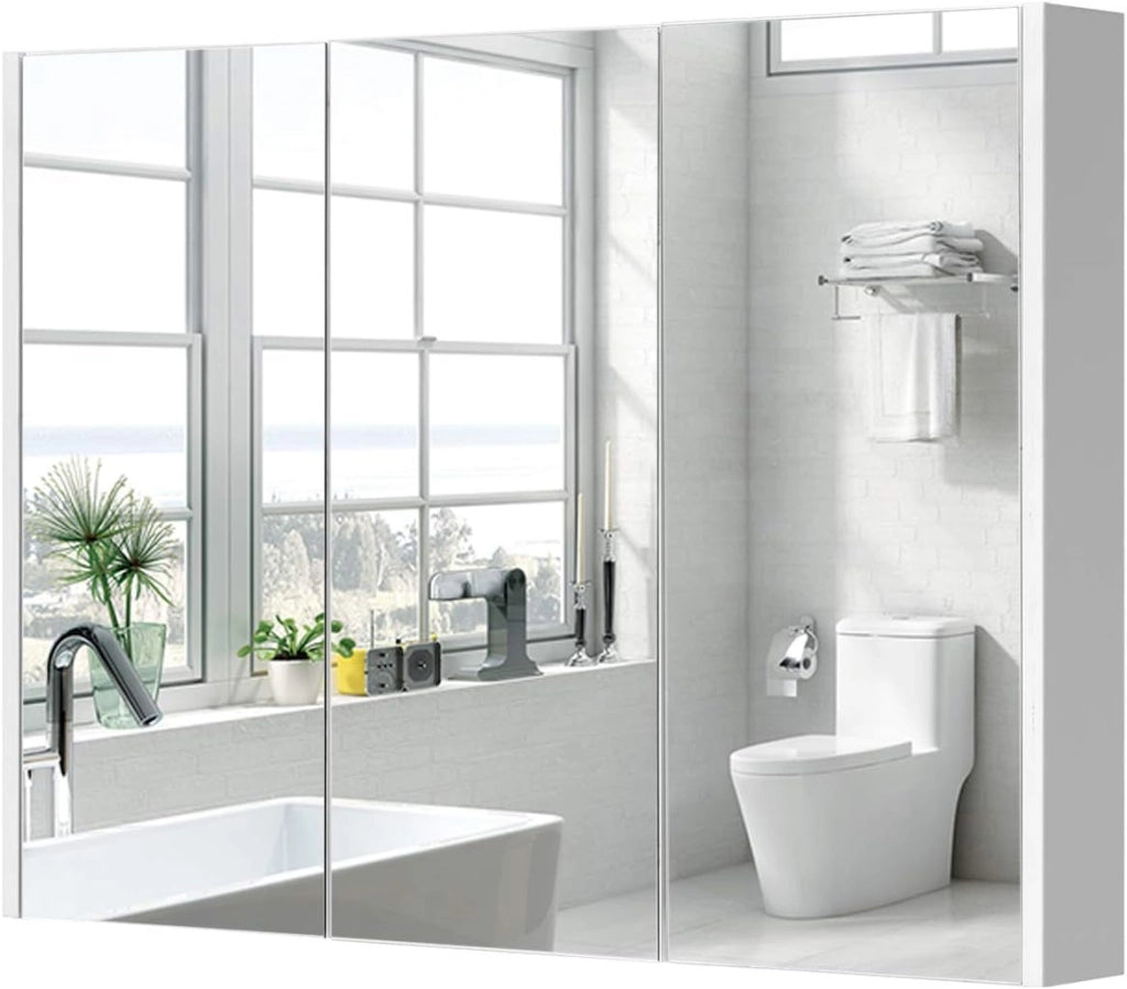 Mobiletto Bagno con Specchio, Specchio Bagno con 2 Ripiani di Stoccaggio, 90x11x65 cm, Bianco