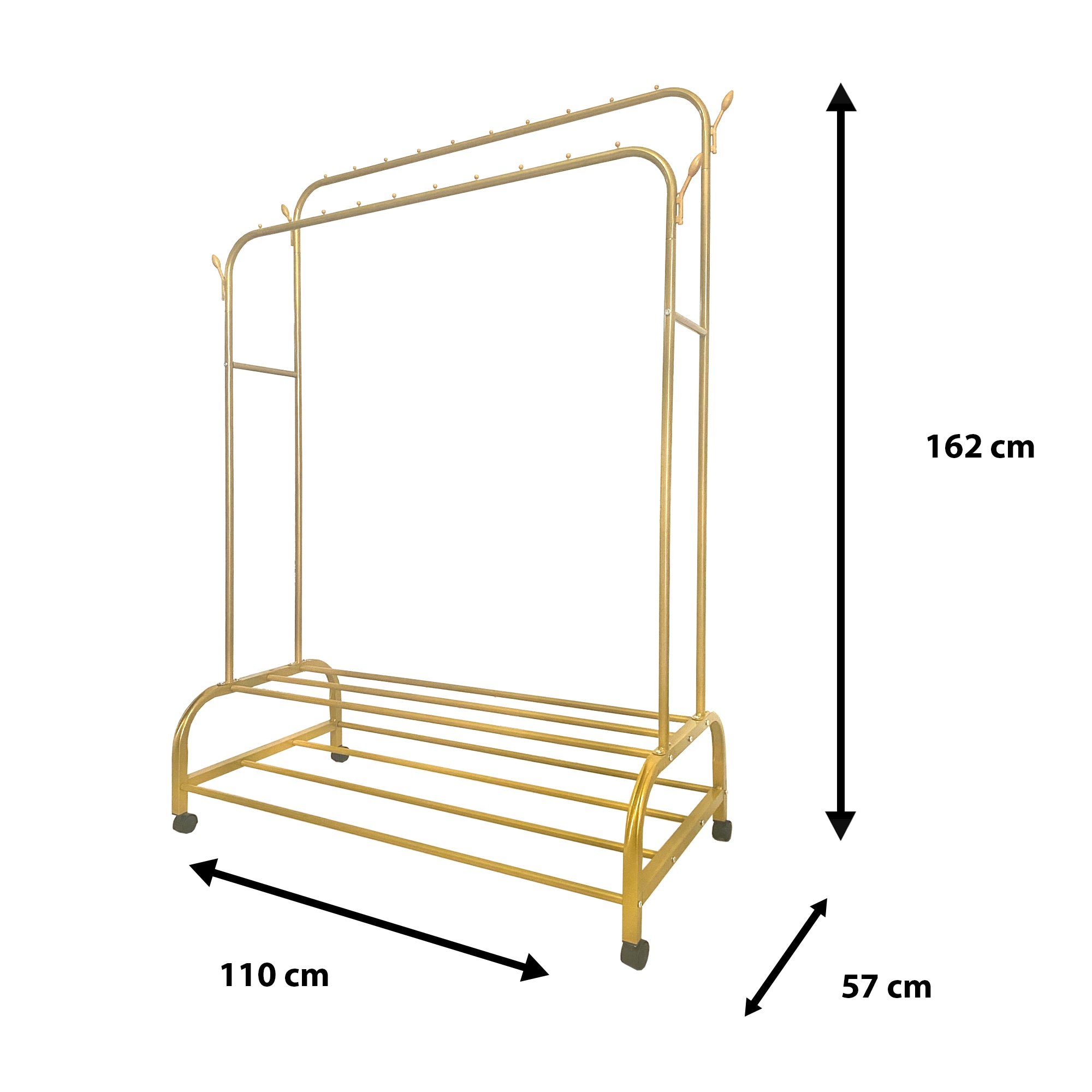 Appendiabiti Donkey Premium Maxi Giro 2 Stand Nyana Home 162x110x57cm, 2 barre appendiabiti, 4 ganci laterali, 2 ripiani inferiori Oro.