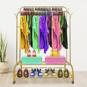 Appendiabiti Donkey Premium Maxi Giro 2 Stand Nyana Home 162x110x57cm, 2 barre appendiabiti, 4 ganci laterali, 2 ripiani inferiori Oro.