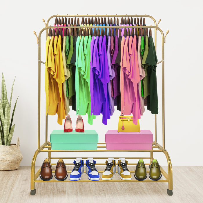 Appendiabiti Donkey Premium Maxi Giro 2 Stand Nyana Home 162x110x57cm, 2 barre appendiabiti, 4 ganci laterali, 2 ripiani inferiori Oro.