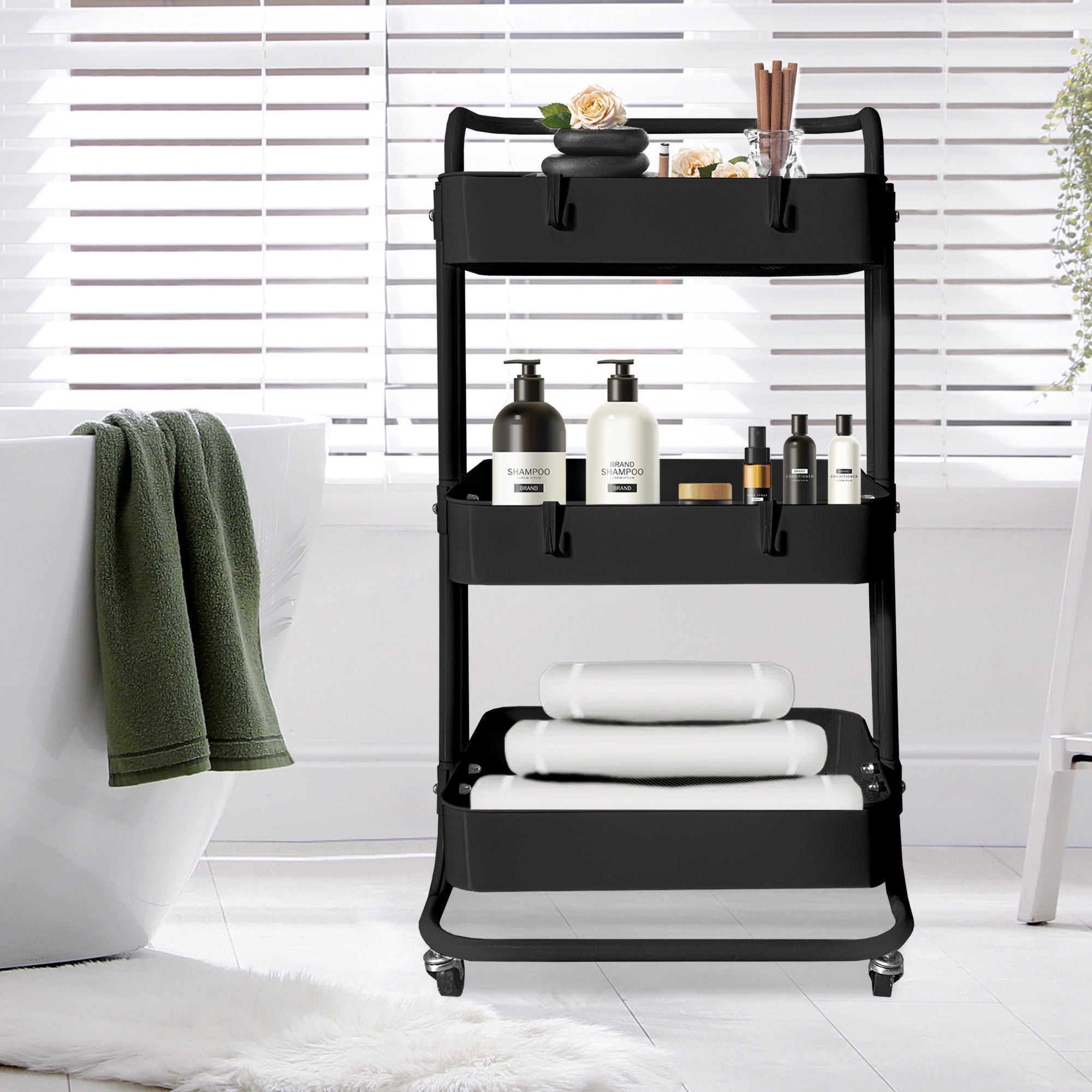 Carrello portaoggetti in metallo Nyana Home 3 ripiani 85x44x37 cm, 3 ripiani Nero.