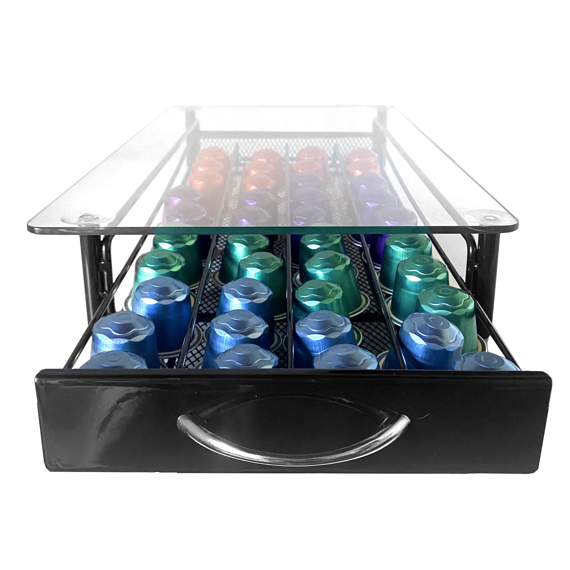 Supporto Organizzatore per Capsule Nespresso Nyana Home | Capacità 40 Capsule | Compatibilità Nespresso | Coperchio in Vetro | Supporto in Metallo | Manico di Estrazione