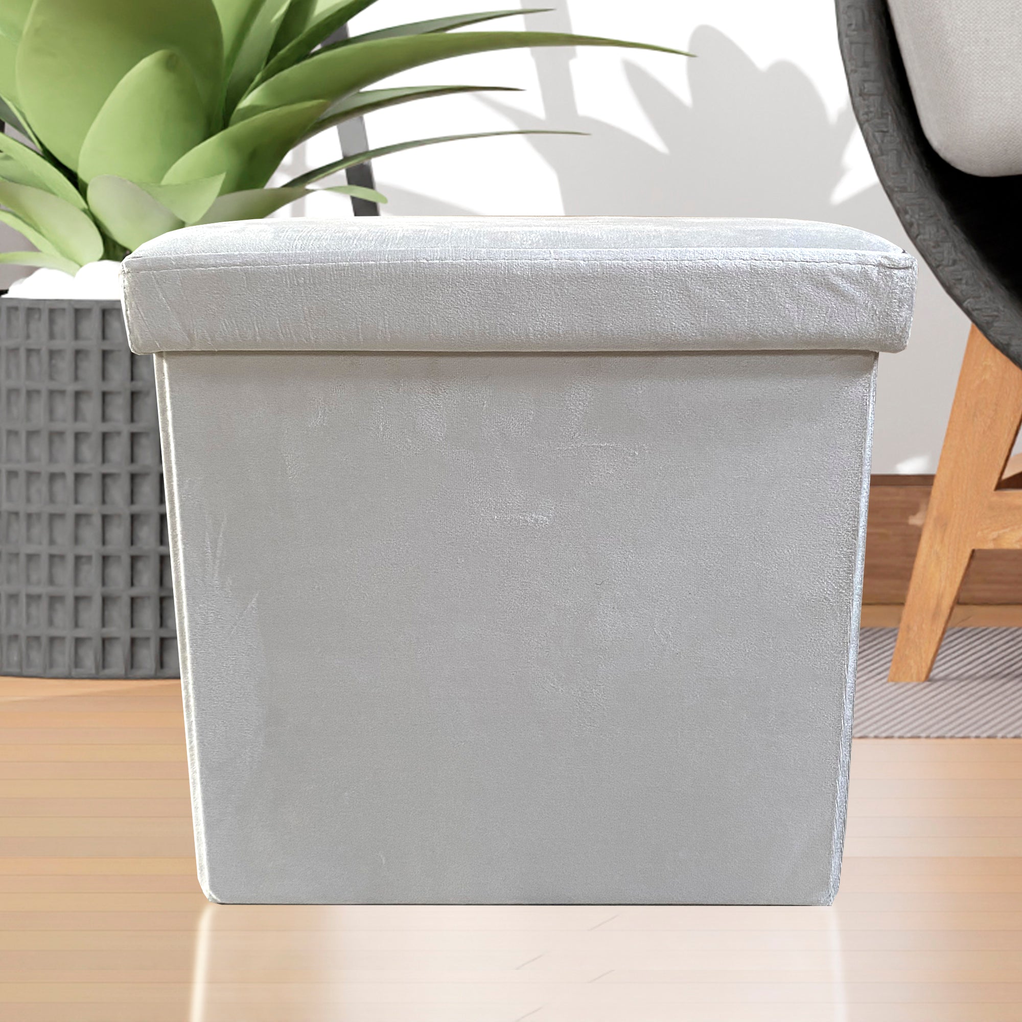 Pouf portaoggetti quadrato pieghevole in velluto 38x38x38 cm | Nyana Casa | Stile ottomano | Morbido velluto | Nero, grigio e beige