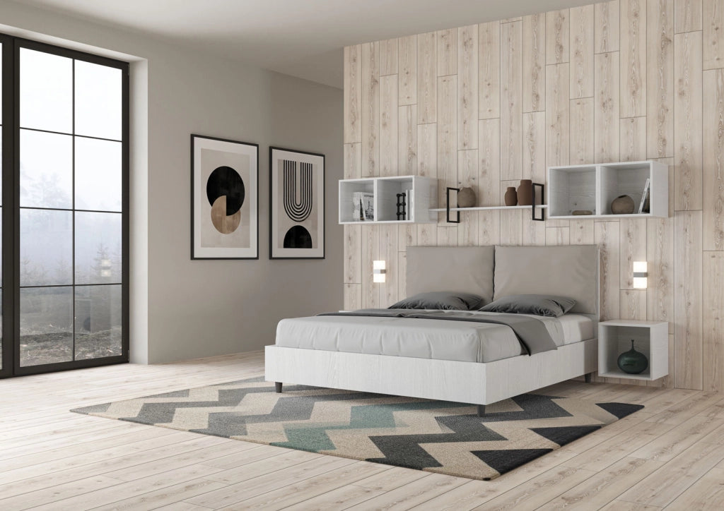 BS COM Letto matrimoniale contenitore doppia alzata 160x200 bianco frassino cuscini similpelle tortora