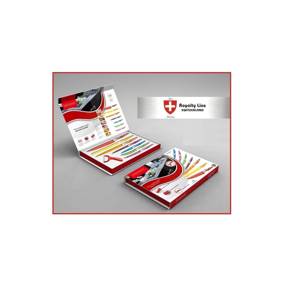 Trade Shop - Set 7 Coltelli Da Cucina Colorati Ceramica Piu Pelapatate Royalty Line Acciaio -