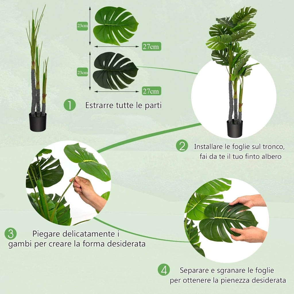 Pianta Finta 120 cm, Albero di Filodendro Artificiale con Foglie in Plastica PE, 3 Rami e 20 Foglie e Supporto in Cemento, Ideale per Casa, Ufficio e Negozio