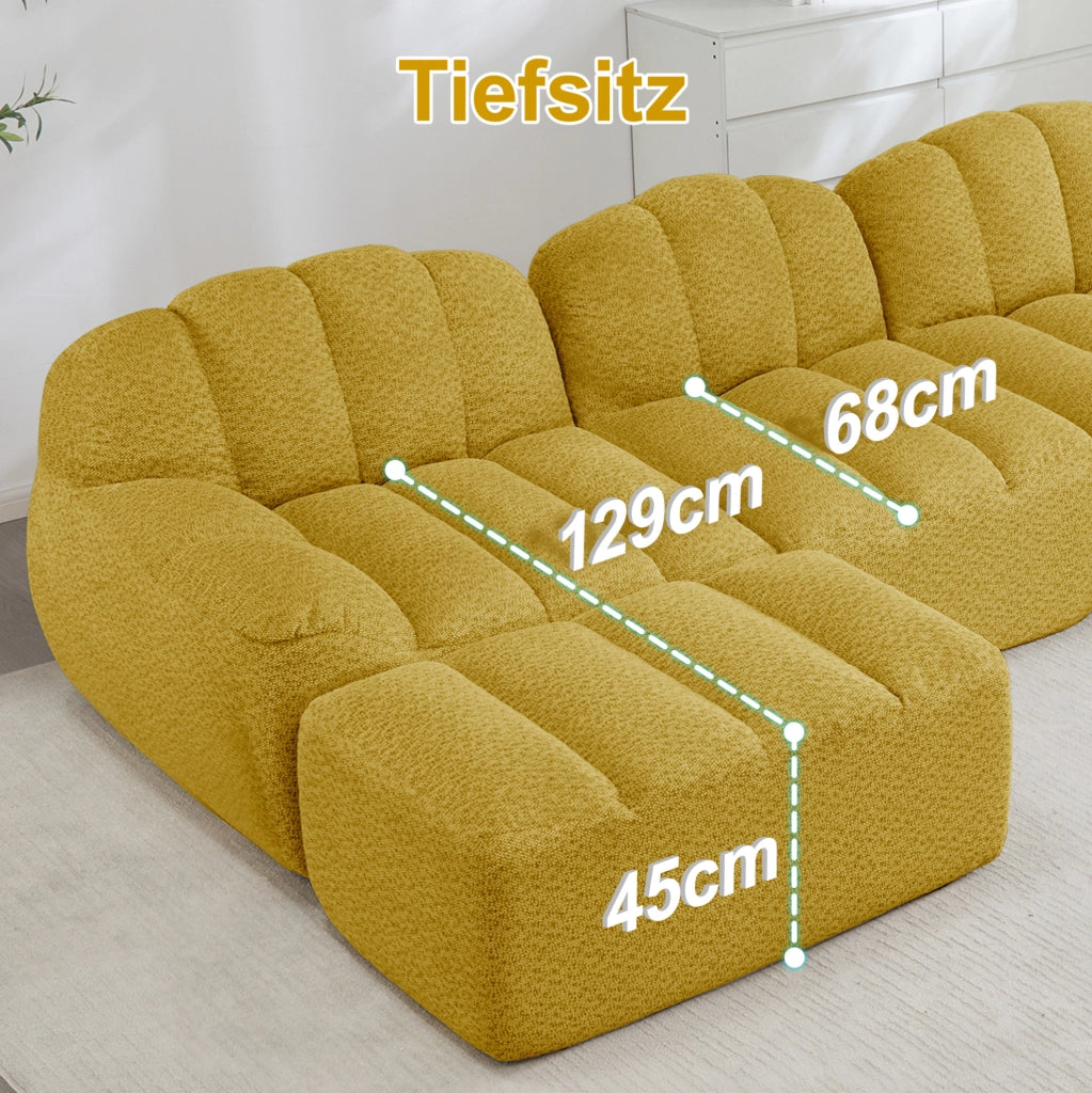 Divano modulare 210x165x79 cm in fleece granulato giallo; design senza struttura con pouf collegabile