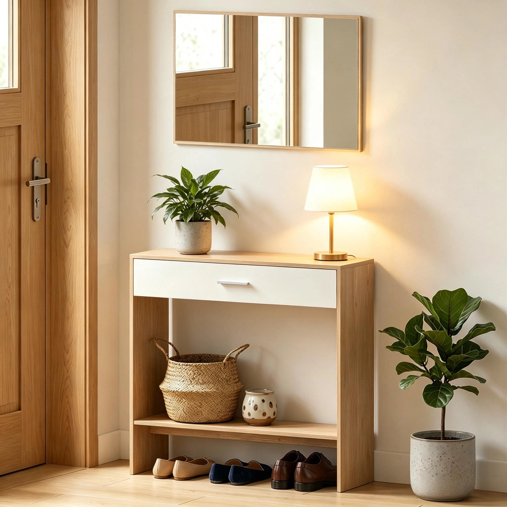 Elegante organizer per corridoio, moderno tavolo da trucco con specchio, consolle