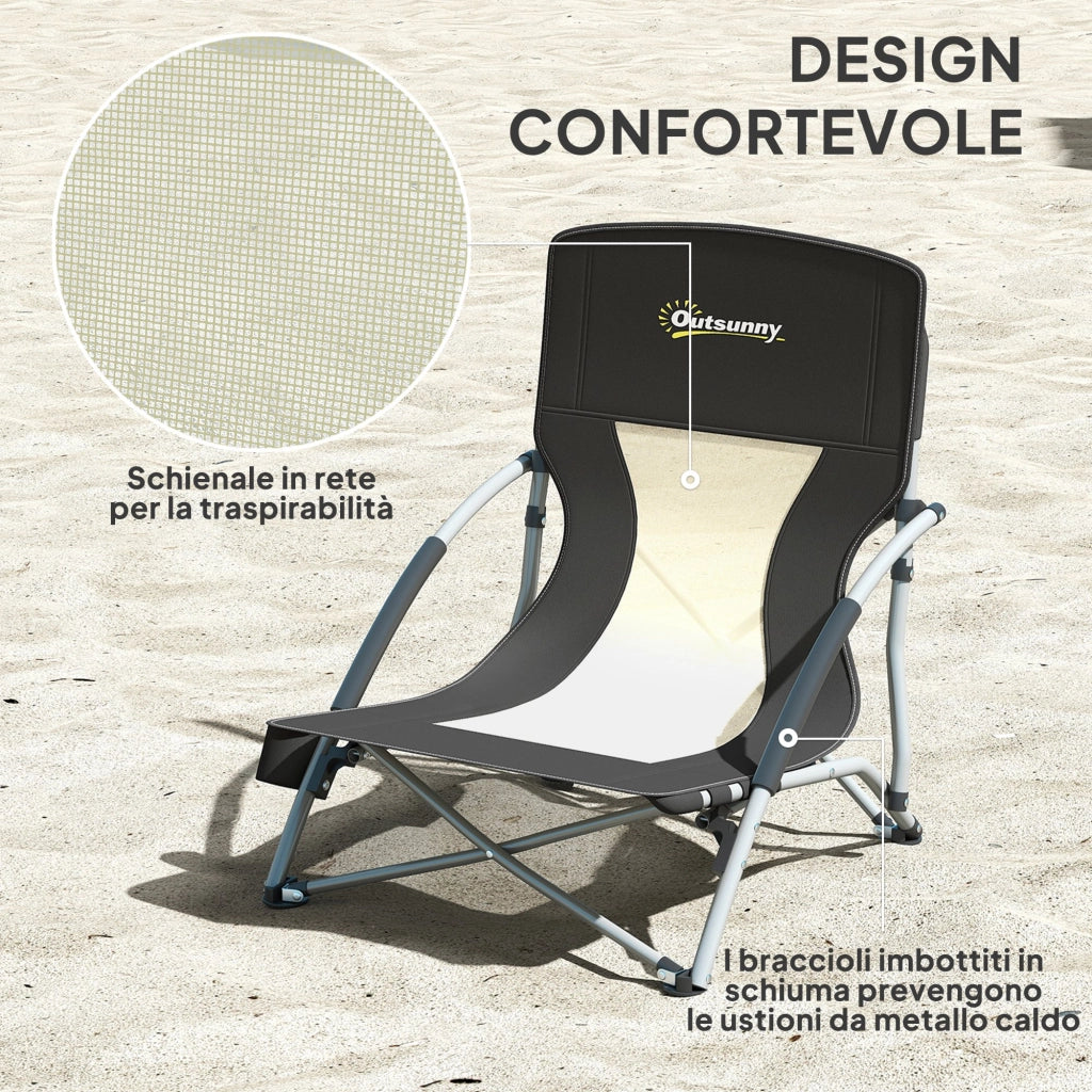 Sedia da Spiaggia Pieghevole con Schienale a Rete e Portabicchieri, in Metallo e Tessuto Oxford, 58x55x62 cm, Nero