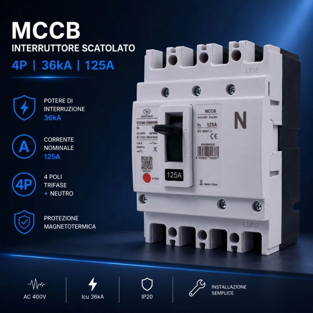 Interruttore Scatolato MCCB 4P 100A/125A 36kA, Magnetotermico Trifase AC 400V (125A)
