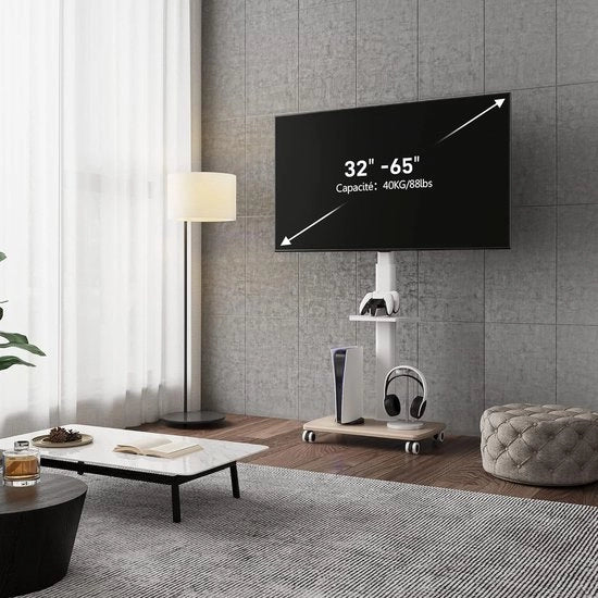 Tv-standaard oprolbaar con tavolo in legno, televisiestandaard con ruote, regolabile in altezza, girevole, per schermi da 32 a 70 pollici fino a 40 kg. Max.