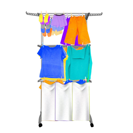 Stendibiancheria XXL Pieghevole Premium Slim Nyana Home | 4 Livelli | Barre in Acciaio | Supporti Laterali per Grucce | Gambe Pieghevoli | 4 Ruote con Freno | Grigio