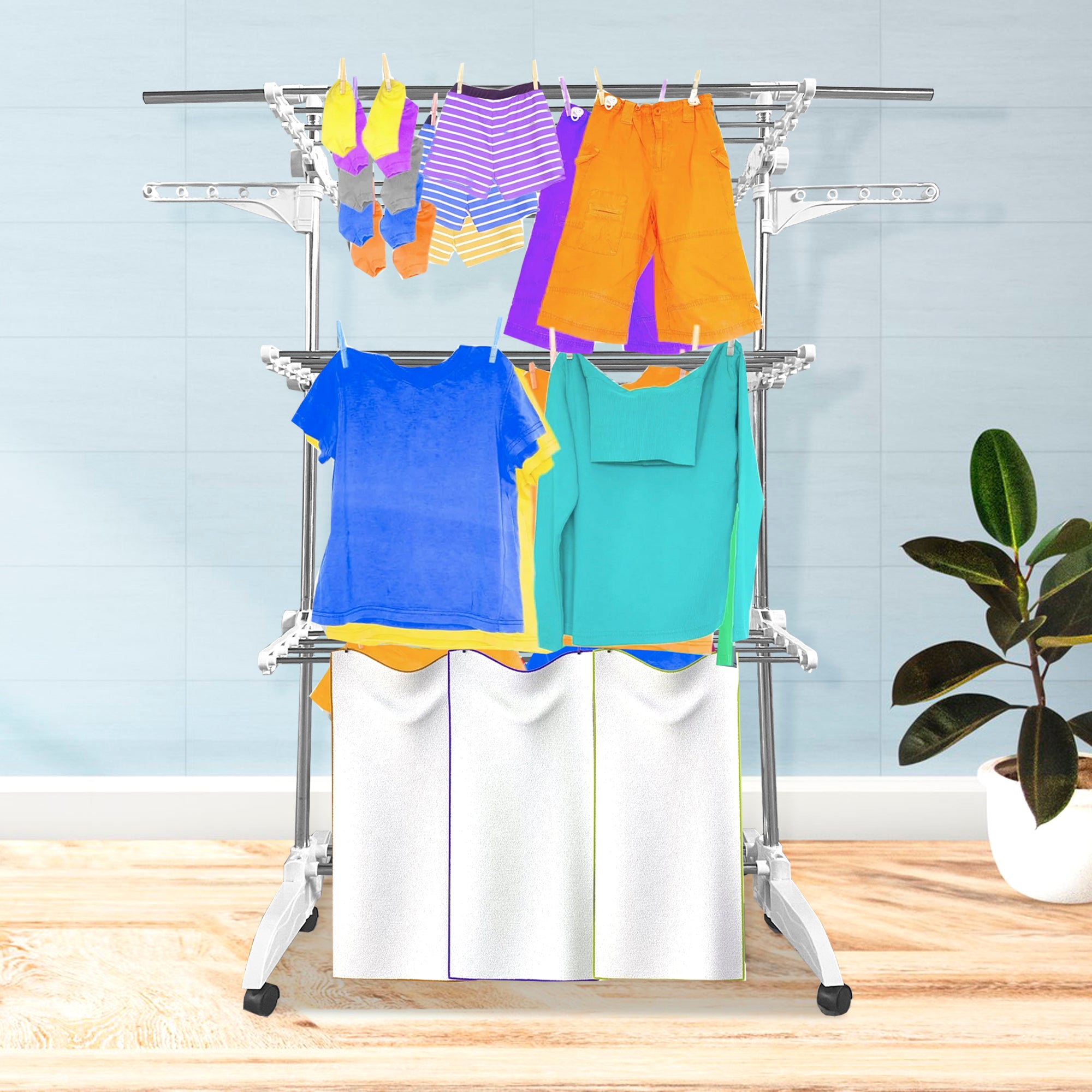 Stendibiancheria XXL Pieghevole Premium Slim Nyana Home | 6 Livelli | Acciaio Inox | Barra Telescopica | 48 Ganci | 6 Ruote con Freno