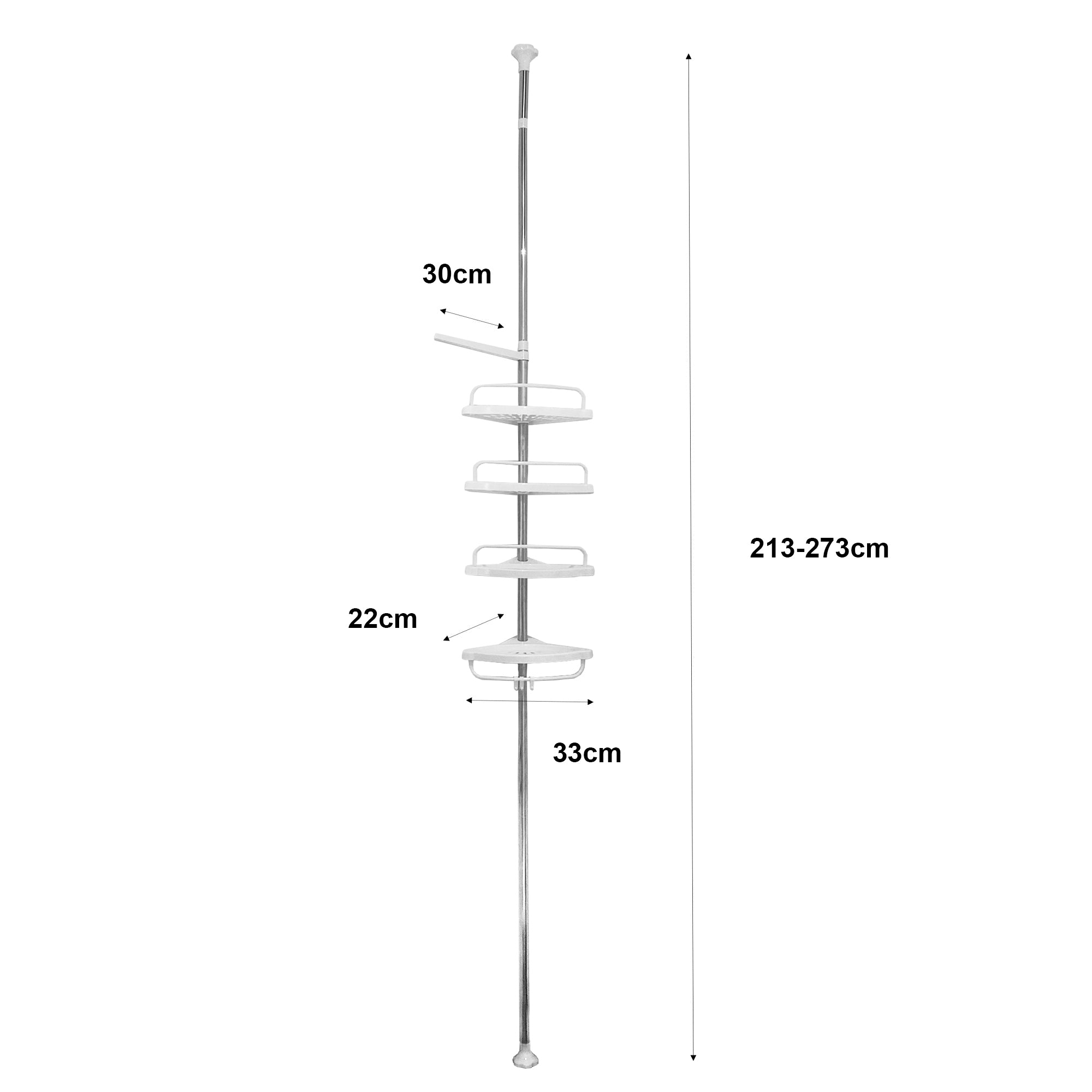 Mensola telescopica da bagno 213-273 cm – 4 ripiani regolabili con ganci – Senza forature – Acciaio inox