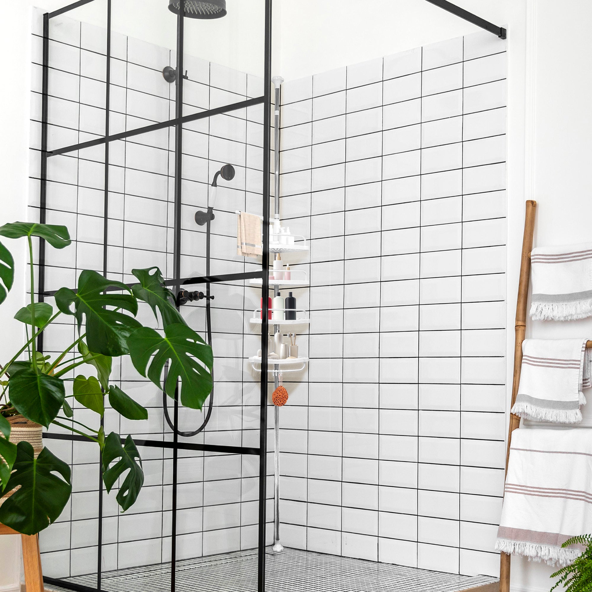 Mensola telescopica da bagno 213-273 cm – 4 ripiani regolabili con ganci – Senza forature – Acciaio inox