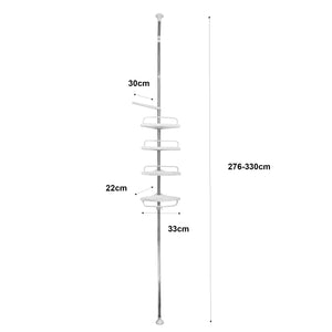 Mensola telescopica da bagno 276-330 cm – 4 ripiani regolabili con ganci – Senza forature – Acciaio inox