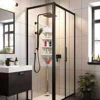 Mensola telescopica da bagno 276-330 cm – 4 ripiani regolabili con ganci – Senza forature – Acciaio inox