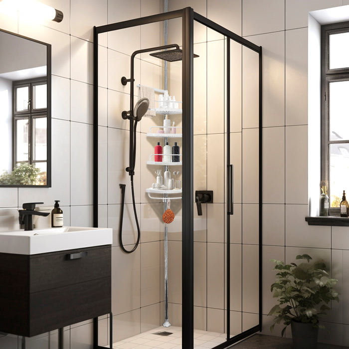 Mensola telescopica da bagno 276-330 cm – 4 ripiani regolabili con ganci – Senza forature – Acciaio inox