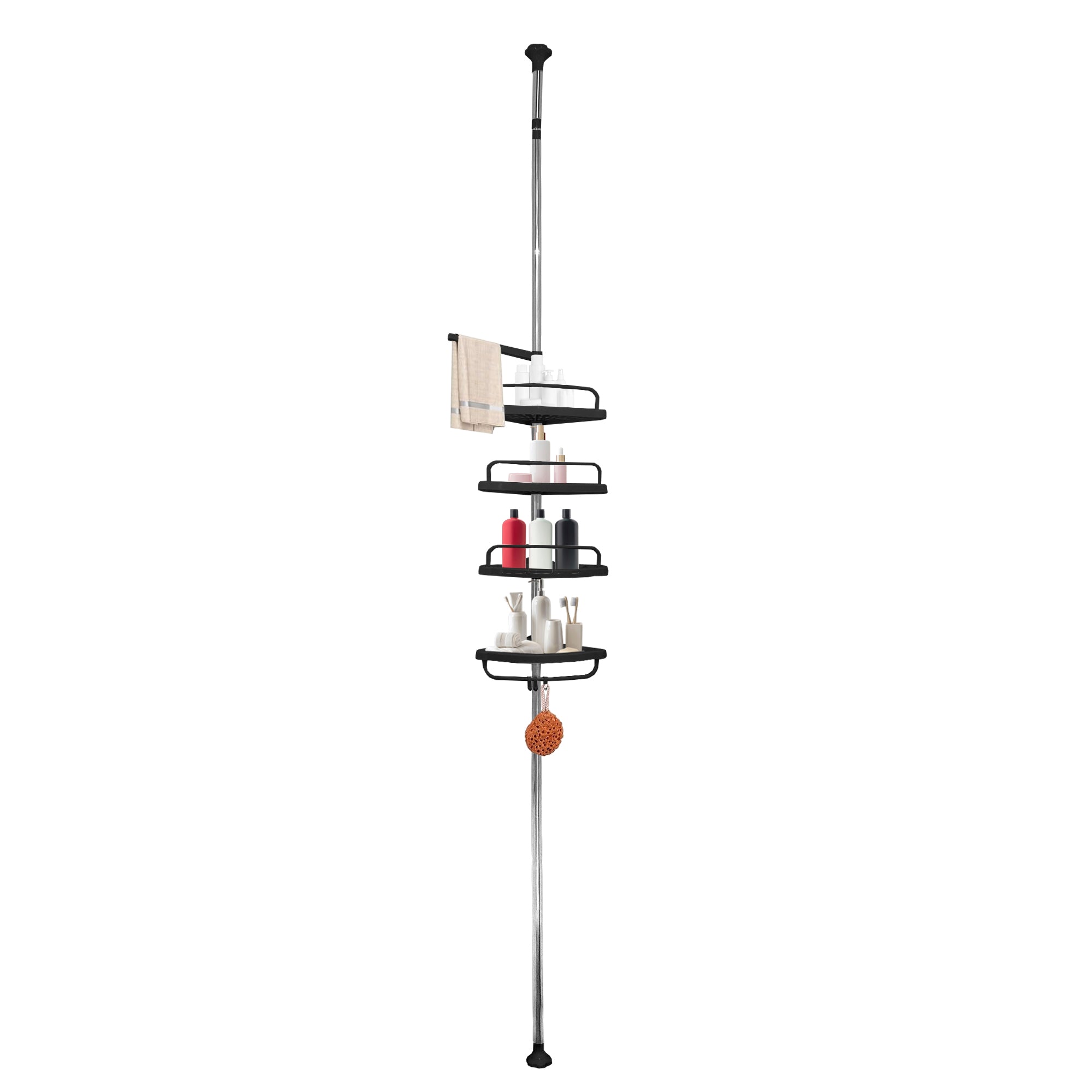 Mensola telescopica da bagno 276-330 cm – 4 ripiani regolabili con ganci – Senza forature – Acciaio inox