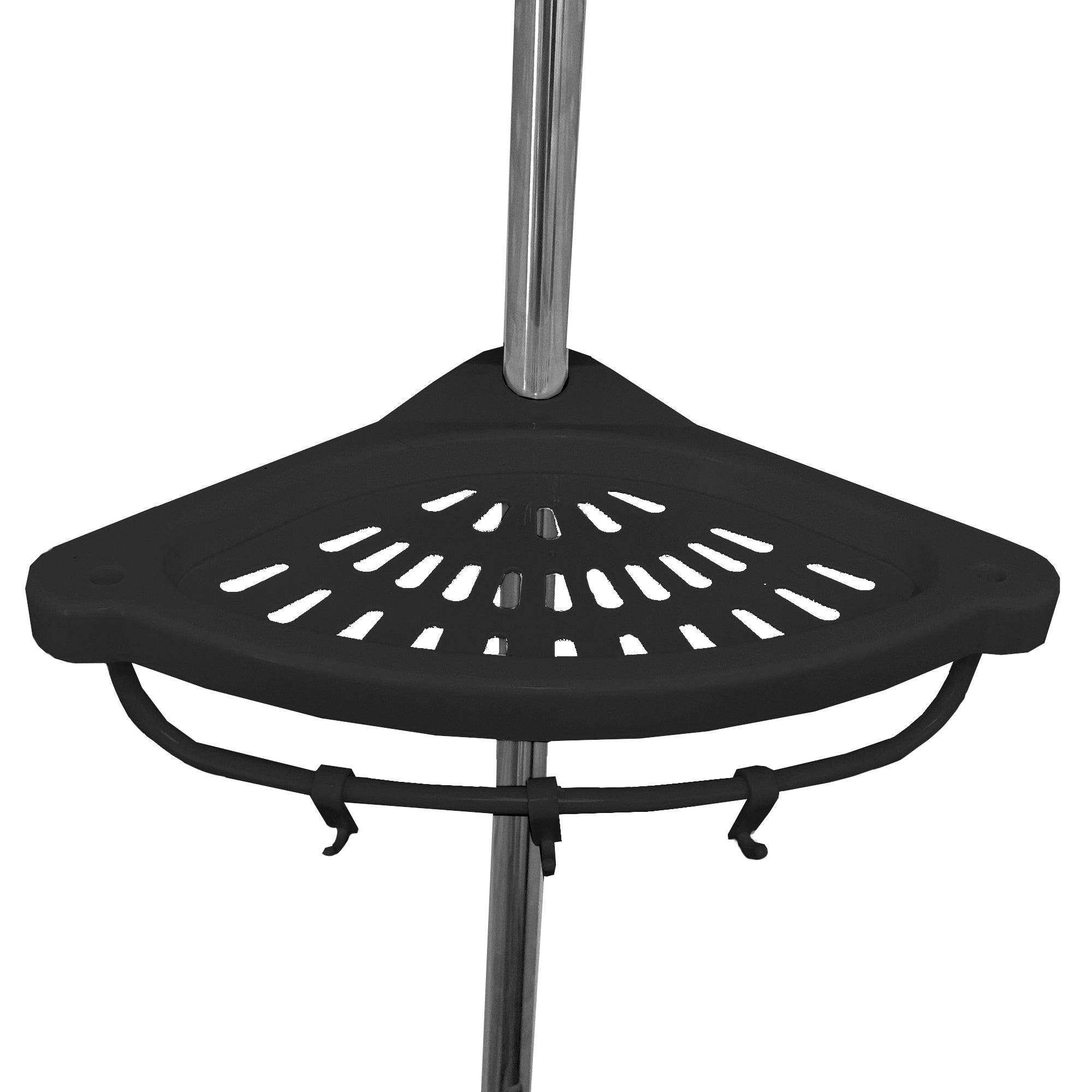 Mensola telescopica da bagno 276-330 cm – 4 ripiani regolabili con ganci – Senza forature – Acciaio inox