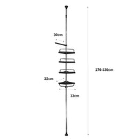 Mensola telescopica da bagno 276-330 cm – 4 ripiani regolabili con ganci – Senza forature – Acciaio inox