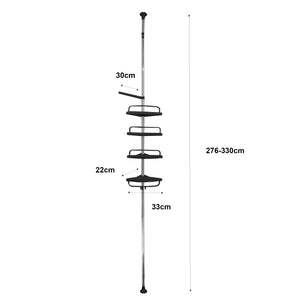Mensola telescopica da bagno 276-330 cm – 4 ripiani regolabili con ganci – Senza forature – Acciaio inox