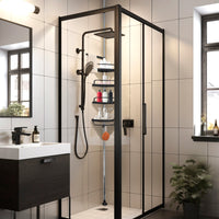 Mensola telescopica da bagno 276-330 cm – 4 ripiani regolabili con ganci – Senza forature – Acciaio inox
