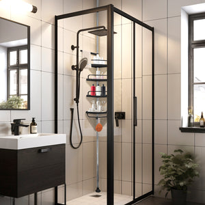 Mensola telescopica da bagno 276-330 cm – 4 ripiani regolabili con ganci – Senza forature – Acciaio inox