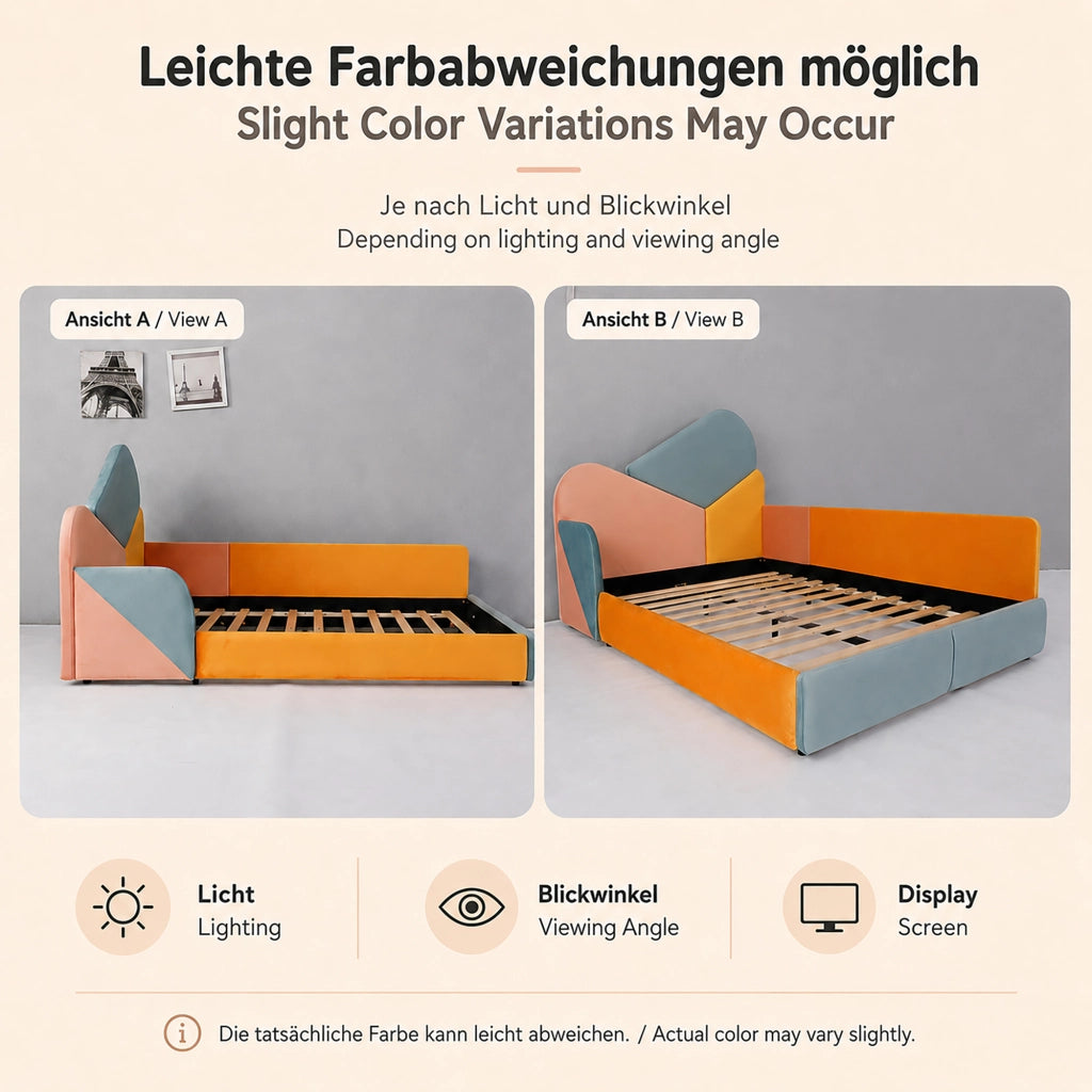 Letto per bambini 140 × 200 cm con protezione laterale rialzata, senza materasso, in velluto, blu multicolore