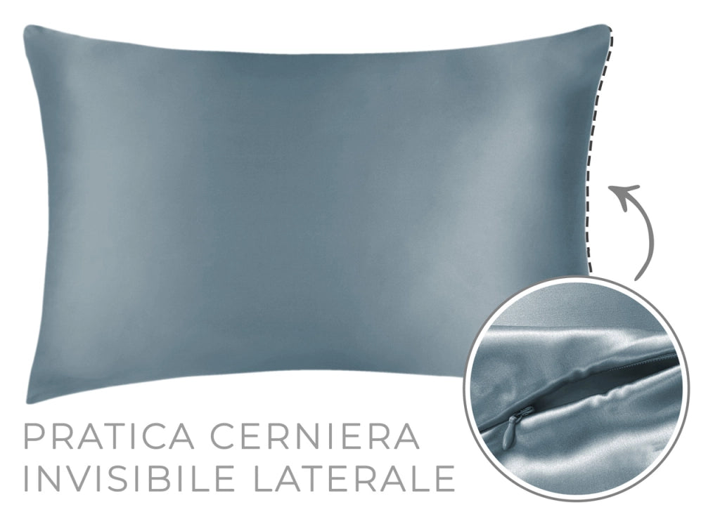 Federa Guanciale Cuscino Letto 100% Seta Chiusura Zip In Tinta Unita - Federa - Azzurro