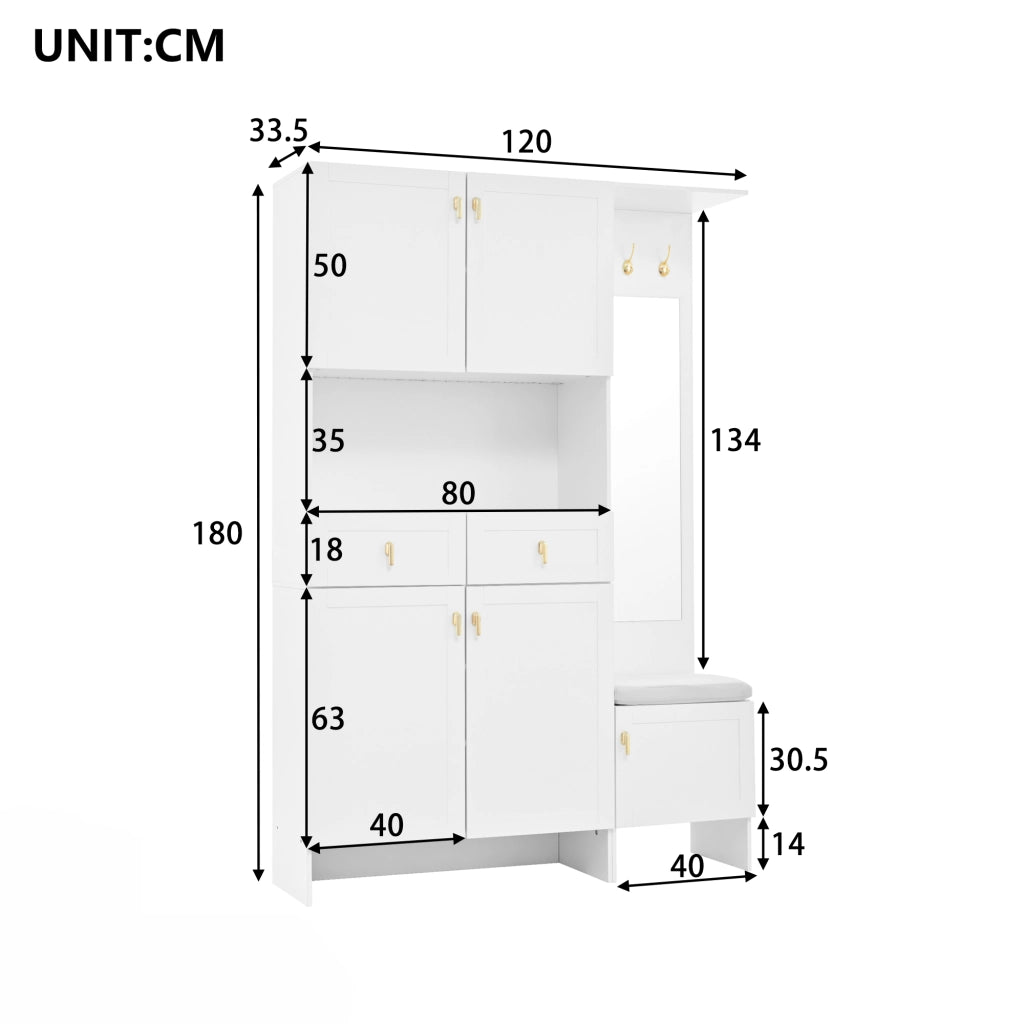Mobile da ingresso con specchio, 2 cassetti, 3 ganci, 5 ante e LED, in truciolare, bianco, 120 × 33,5 × 180 cm