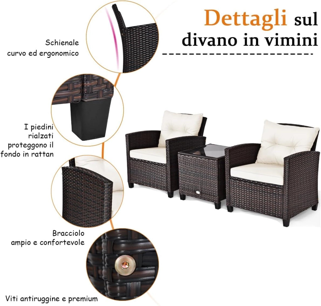 Set di 3 Pezzi di Mobili da Giardino, 1 Tavolo con Piano in Vetro Temprato e 2 Poltrone da Salotto, 4 Cuscini Rimovibili, per Giardino Piscina e Prato (Bianco)