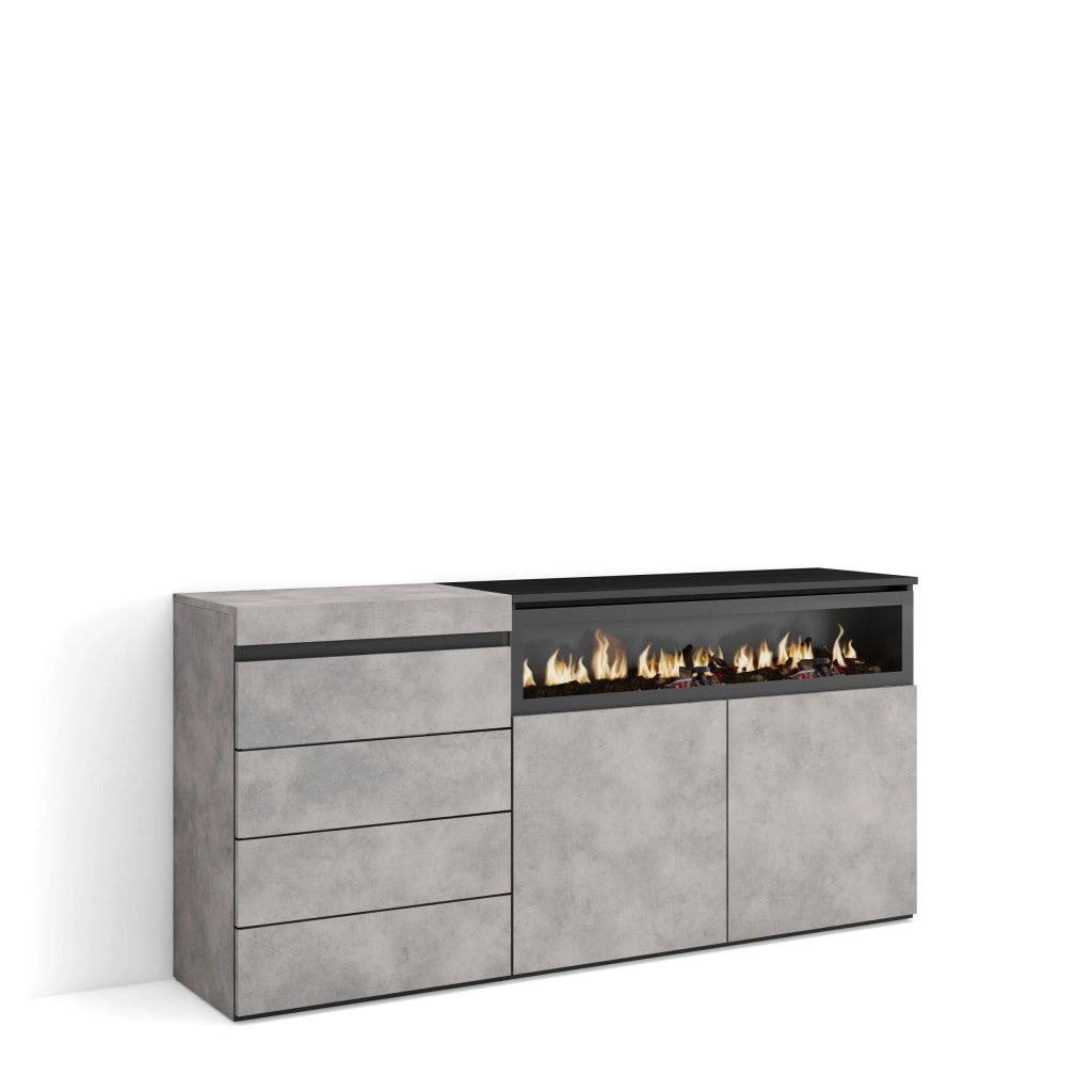 Cassettiera, 157x35x75cm, Camera da letto, Camino elettrico, grigio cemento RF3427