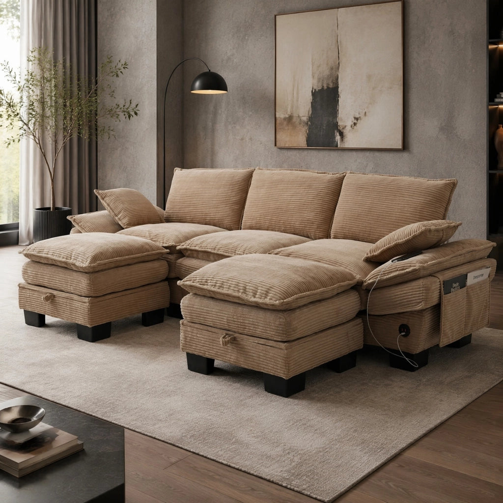 DIVANO 3 posti modulare 260x132x84 cm in corduroy khaki con 2 pouf