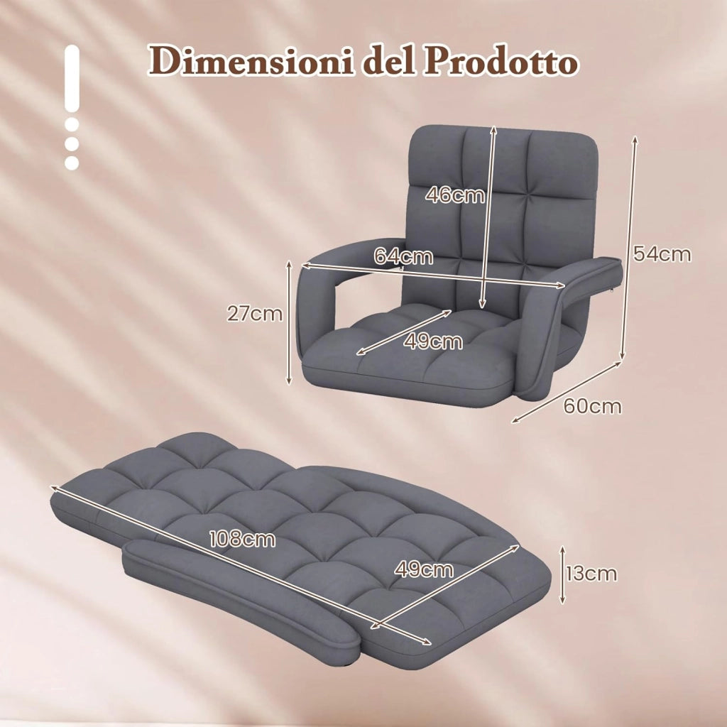 Sedia da Pavimento con Supporto Lombare, Poltrona Divano Regolabile a 6 Posizioni con Braccioli, Chaise Lounge per Soggiorno Camera da Letto, 60x64x54 cm