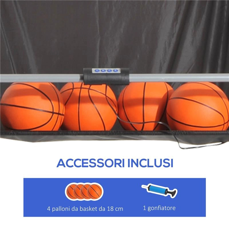 CANESTRI BASKET CON TABELLONE LED 4 PALLONI E 8 MODALITA DI GIOCO 205X110X205 CM BIANCO E NERO