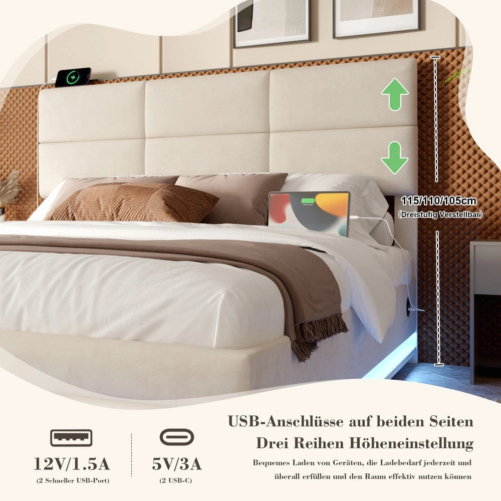 Letto Contenitore Imbottito in Velluto con LED e Sollevamento Idraulico ¨C MINIMAL ¨C Beige 140x200