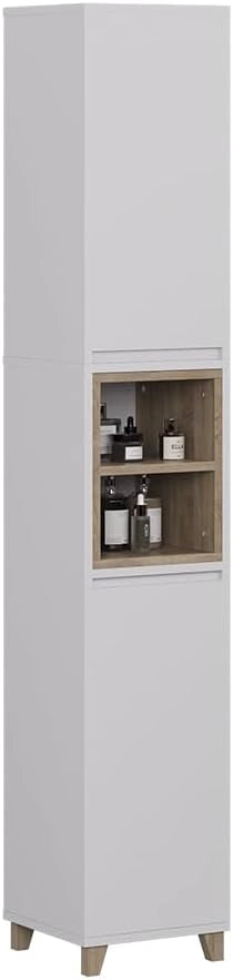 Armadio per il bagno Elnor, Bianco/quercia, 30 x 170 cm con 2 porte, per la conservazione di tessili da bagno e combinabile con Elnor