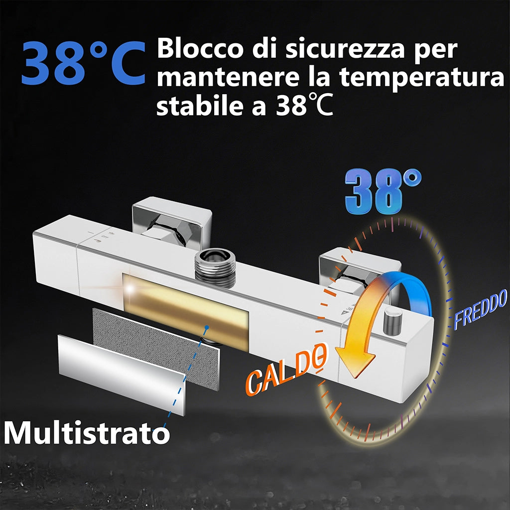 Miscelatore termostatico doccia con soffione 30x30cm e doccetta 25x10cm, colonna doccia rettangolare cromo