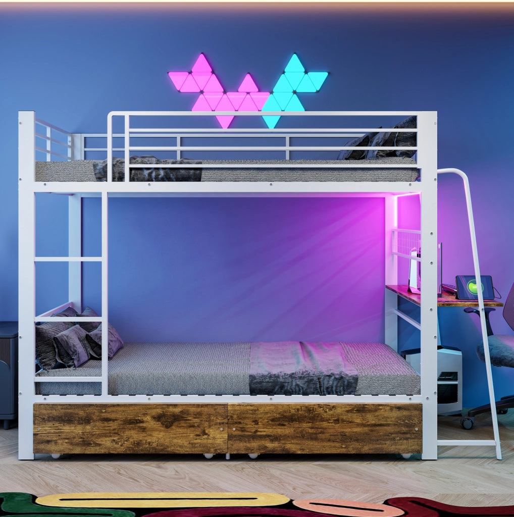 Letto a soppalco 90x200 cm con scrivania; illuminazione LED; MDF e metallo; bianco