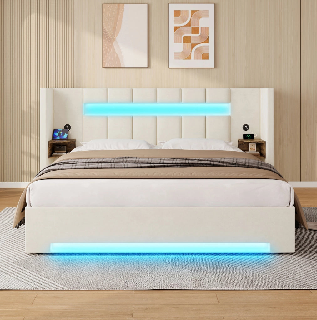 Letto contenitore 180x200 cm in velluto beige con LED e USB