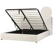 Letto con rivestimento in bouclé bianco sporco UE King Size 160x200cm Grande testata classica contenitore Doghe in legno
