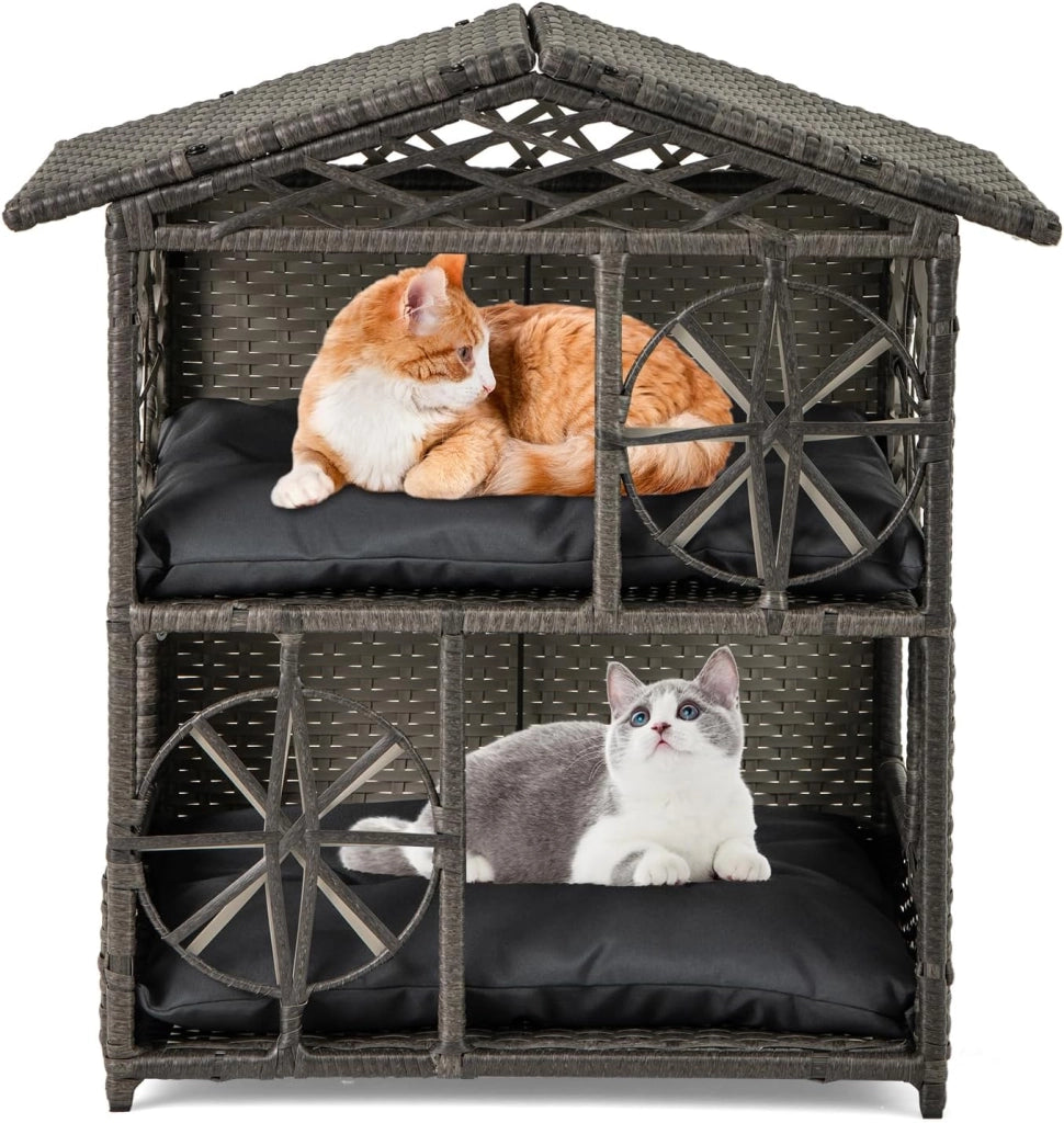 Casa per Gatti in Vimini a 2 Piani, Recinto per Gattini in Rattan con Cuscini Rimovibili, Tetto, Finestre e Porte, Rifugio Elevato da Interno ed Esterno per Conigli e Gattini