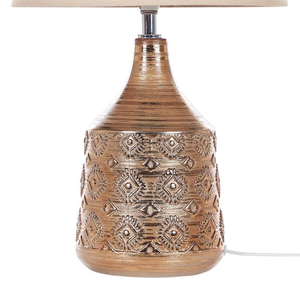 Lampada da tavolo in ceramica marrone dorato motivo geometrico beige paralume impero comodino soggiorno camera da letto illuminazione