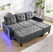 Divano letto angolare 185x135x85 cm; modulare con pouf mobile; LED e USB in chenille grigio antico