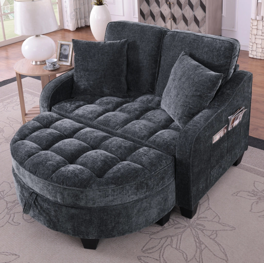 Divano letto 132x129x93 cm convertibile con pouf contenitore in legno di eucalipto nero