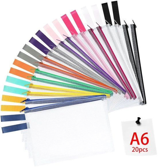 Documenti A6, 20 astucci A6 con cerniera, tasche in plastica mesh impermeabile con cerniera per documenti, carta, cosmetici, compiti e accessori da viaggio