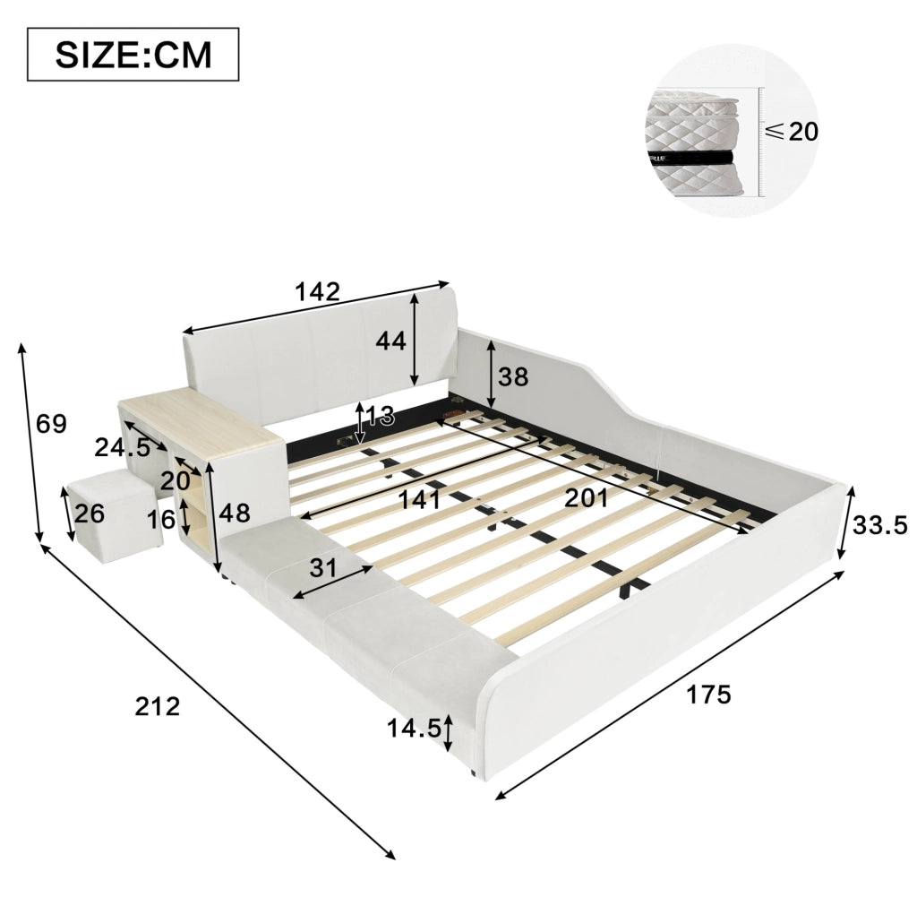 Letto imbottito 140x200 cm con scrivania; sgabello e ripiano in velluto bianco